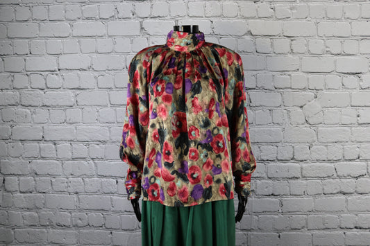 1980's Vintage Colorful Pleated Blouse