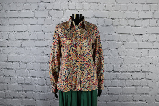 1970's Vintage Blue, Gold and Red Paisley Blouse