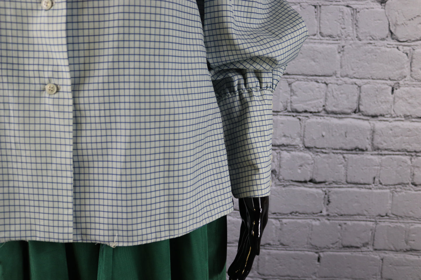 1970's Vintage Blue and White Checked Blouse with Ruffle Collar