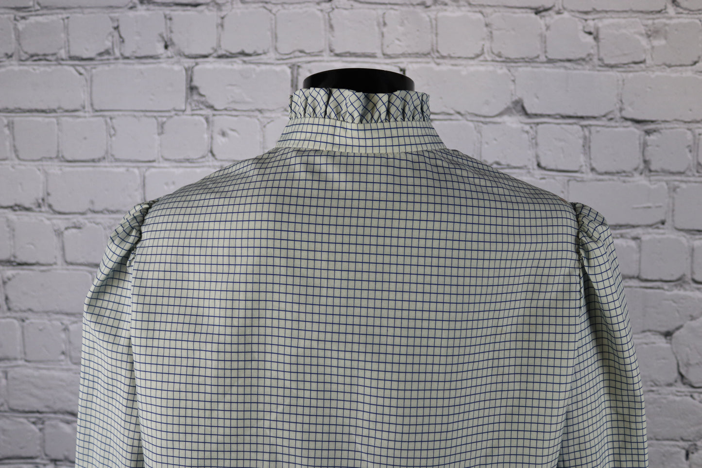 1970's Vintage Blue and White Checked Blouse with Ruffle Collar