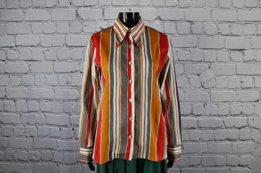 1970's Vintage Orange, Red, Grey and White Striped Blouse