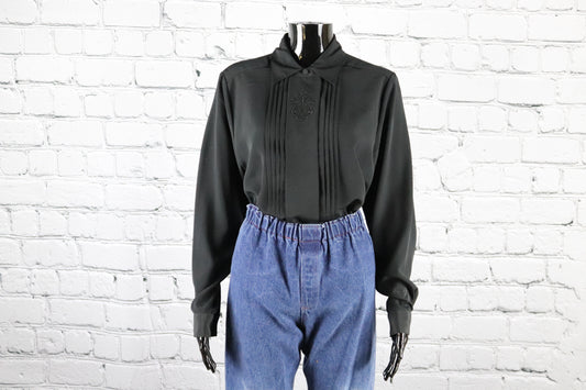 1980's Vintage Solid Black Pleated Shirt