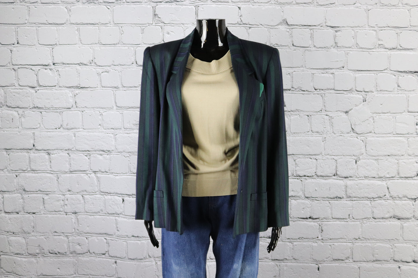 1980's Vintage Green Blue and Black Striped Blazer