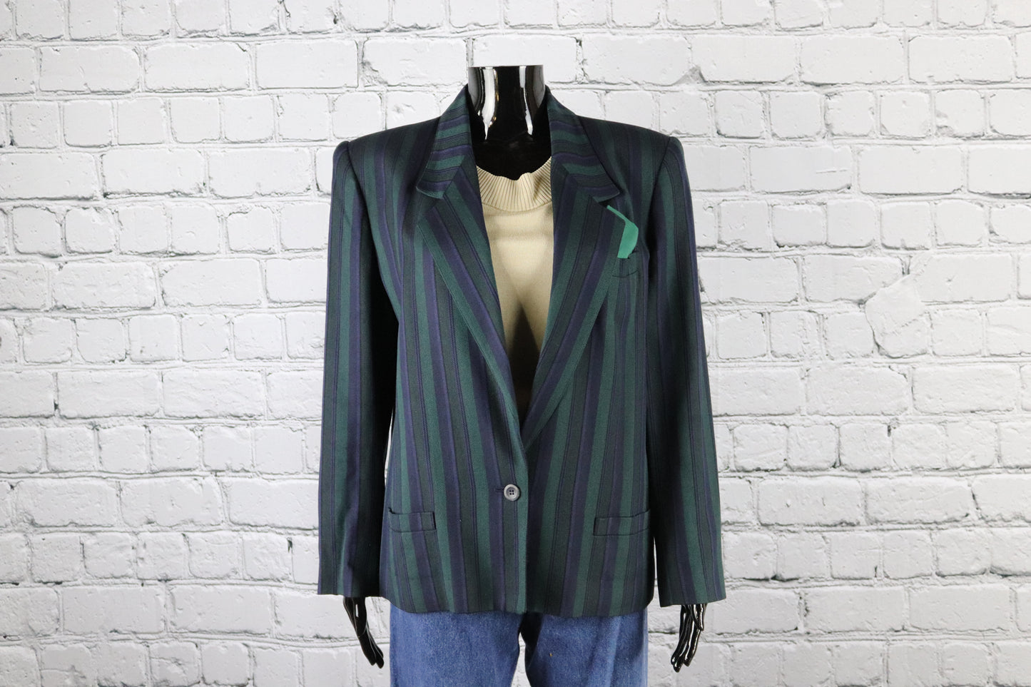 1980's Vintage Green Blue and Black Striped Blazer